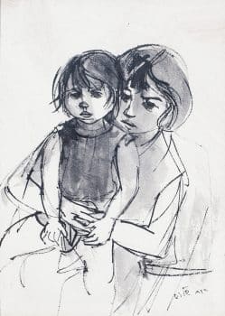 רות שלוס, "אם וילדה", אקוורל ודיו על נייר, 31x45 ס"מ