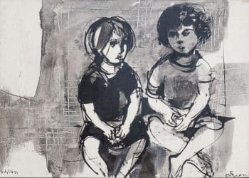 רות שלוס, "שתי ילדות", אקוורל ודיו על נייר, 47x33 ס"מ