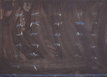 פנחס כהן גן, "מתוך סדרת העיתונים", 1973, גואש וטכניקה מעורבת על נייר עיתון, 52x70 ס"מ