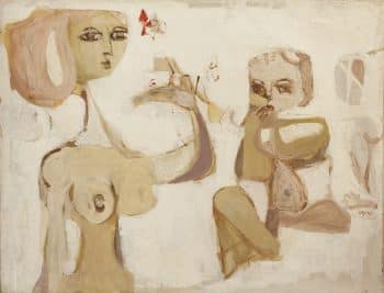 משה פרופס, "על פני הדשא בקיבוץ", שמן על בד, 93x71 ס"מ