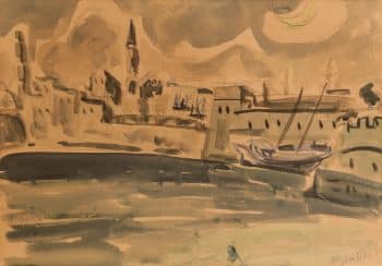 שמשון הולצמן, "עכו", 1956, אקוורל על נייר, 66x46 ס"מ