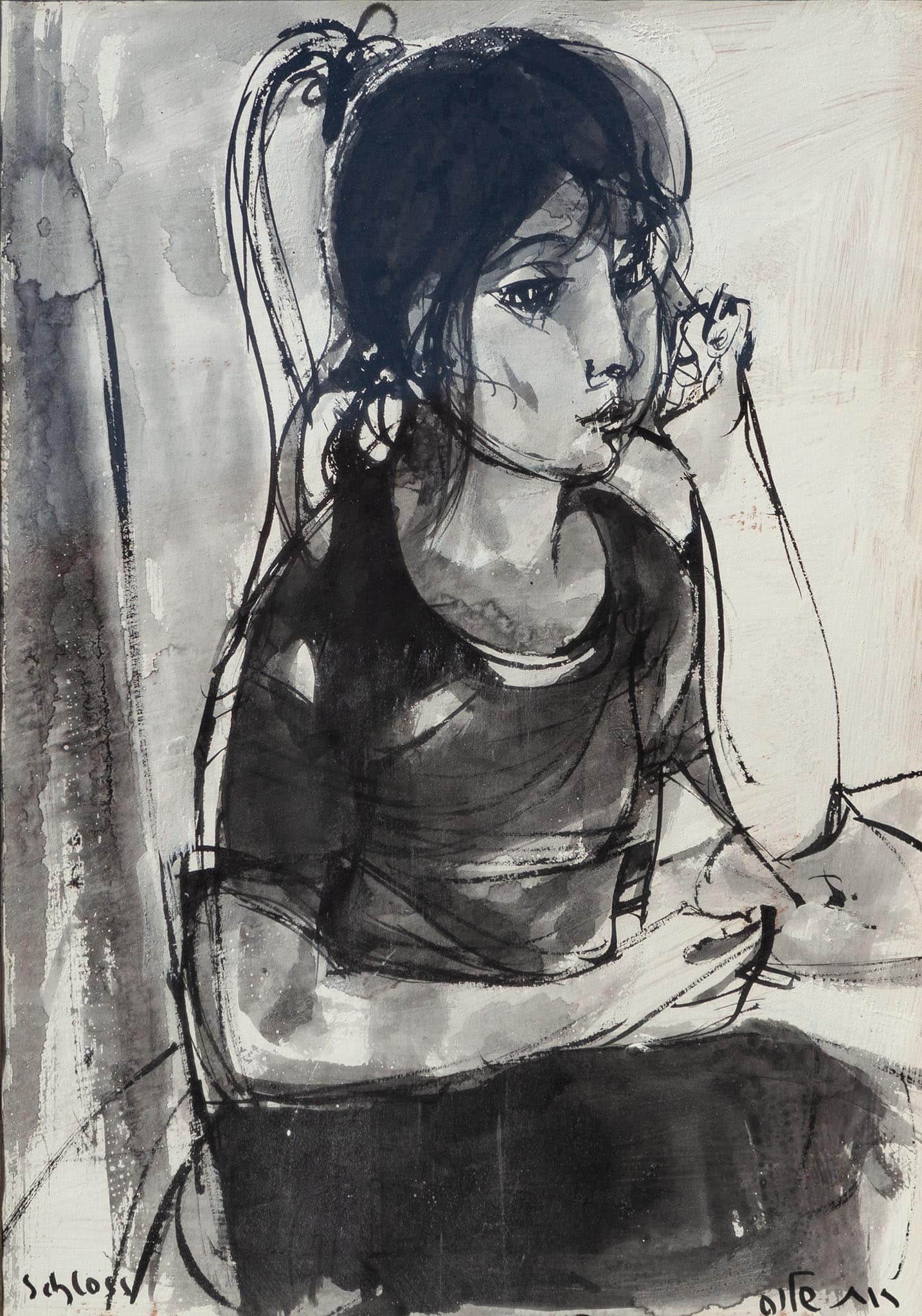 רות שלוס, "נערה", דיו ואקוורל על נייר, 50x35 ס"מ