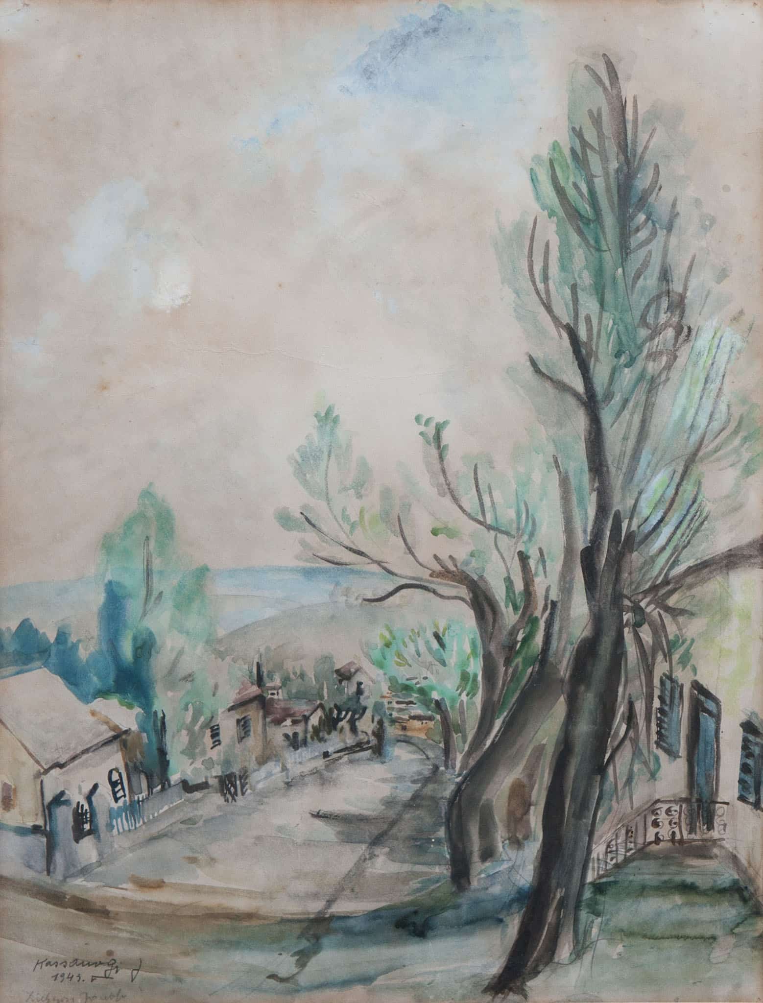 יוסף קוסונוגי, "זכרון יעקב", 1943, אקוורל על נייר, 50x34 ס"מ