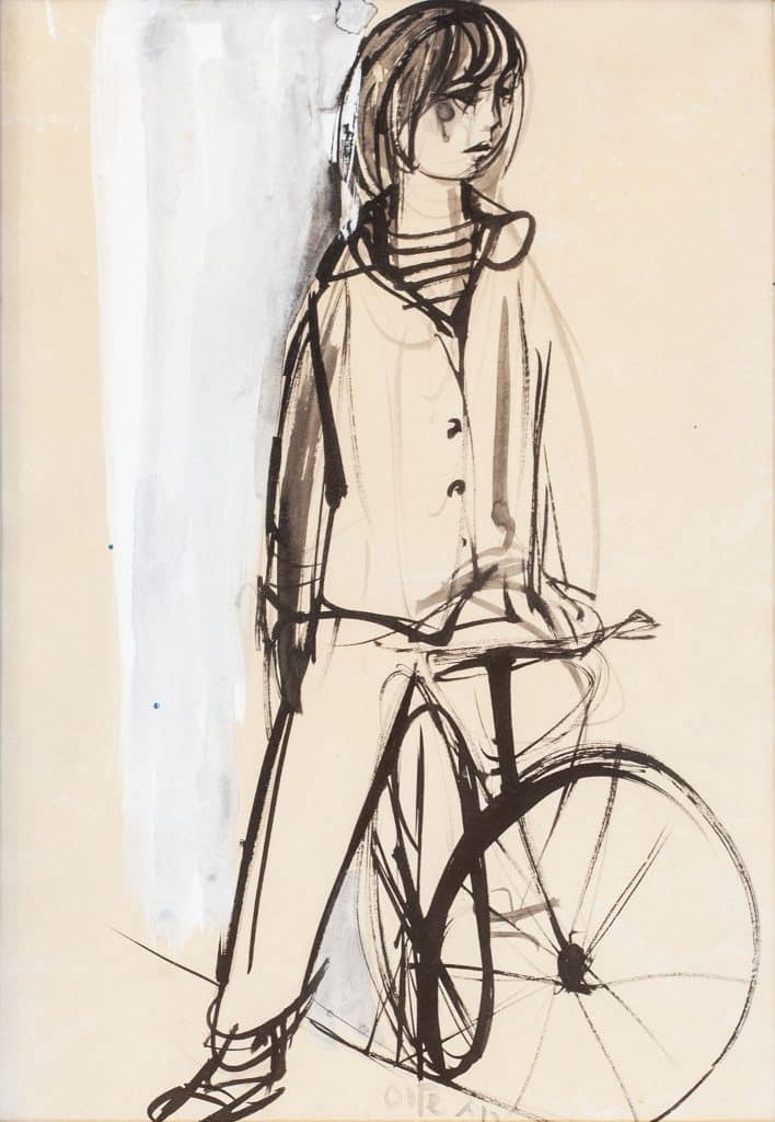 רות שלוס, "נערה עם אופניים", גואש ודיו על נייר, 38x55 ס"מ