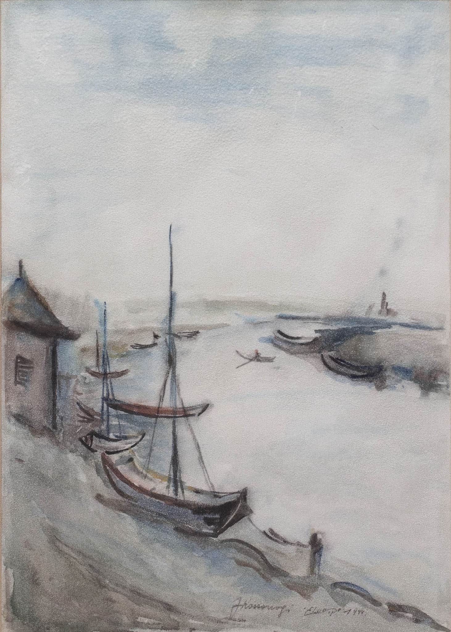 יוסף קוסונוגי, "סירות בנהר", 1944, צבעי מים על נייר, 25x35 ס"מ