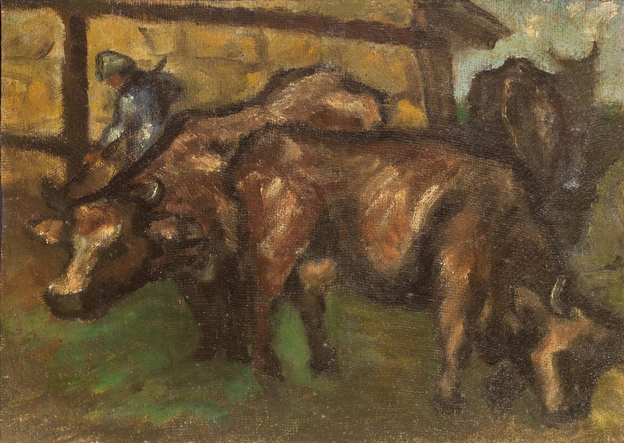 משה קופפרמן, "פרות בקיבוץ", שנות ה-50, שמן על בד מוצמד ללוח עץ, 31x22 ס"מ