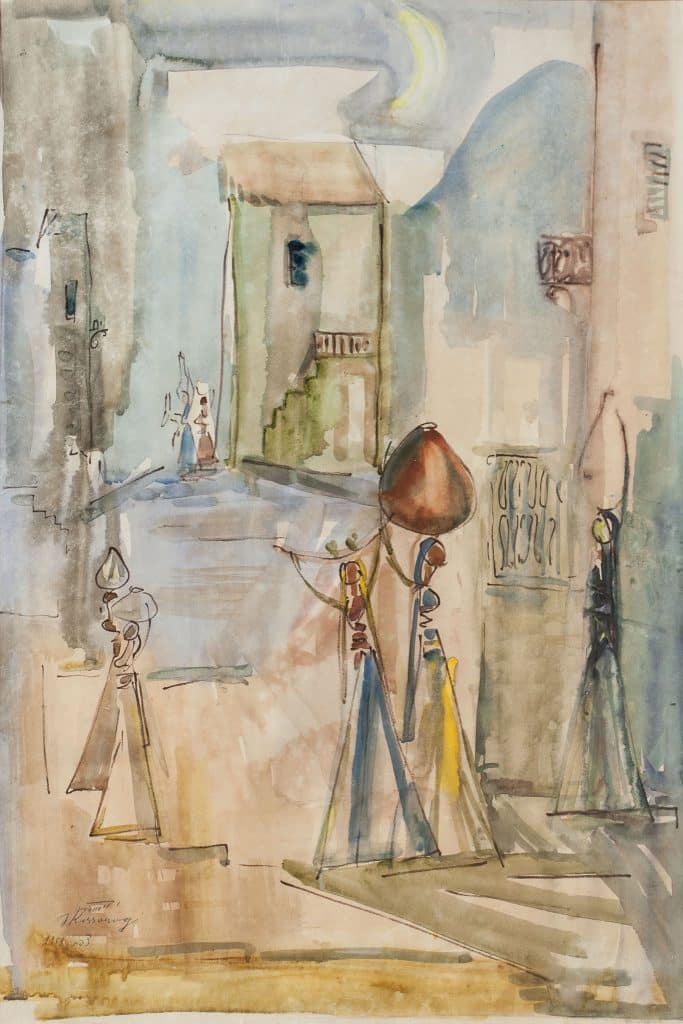 יוסף קוסונוגי, "צפת", 1958, אקוורל על נייר, 50x70 ס"מ