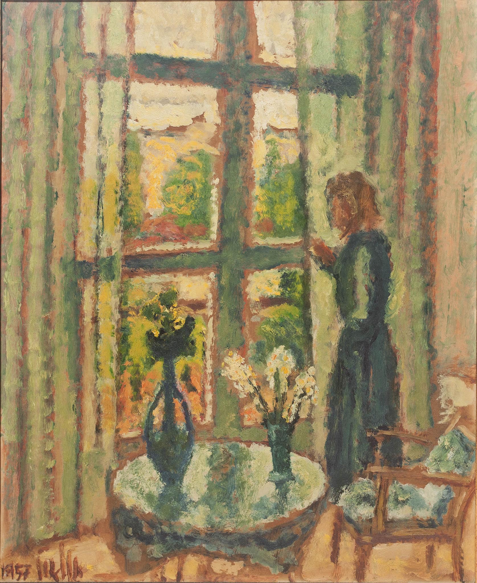 אריה אלואיל, "החלון", 1957, שמן על נייר מוצמד למזוניט, 45x55 ס"מ