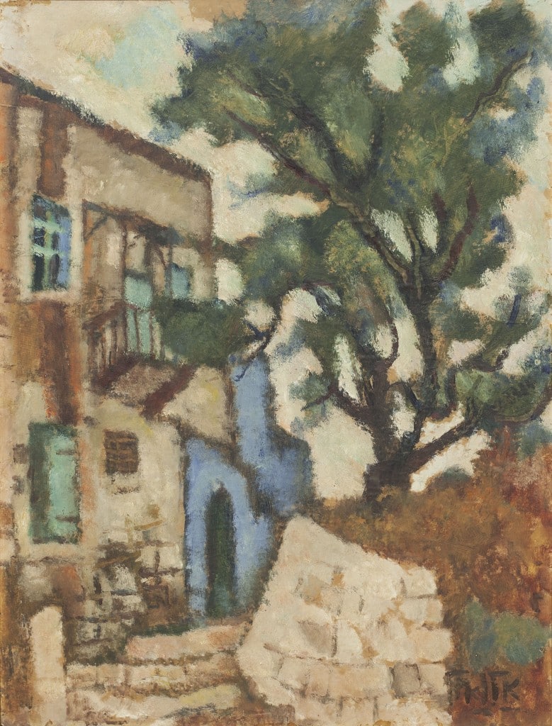 אריה אלואיל, "רחוב בצפת", שמן על נייר מוצמד ללוח עץ, 67x51 ס"מ