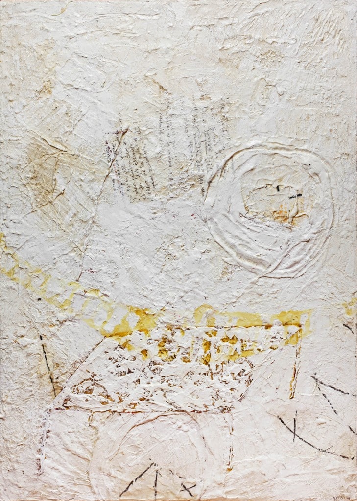 אביבית בלס ברנס, 2001, "ריח הזיכרון", אקריליק, קולאז' וטכניקה מעורבת על בד, 105x75 ס"מ