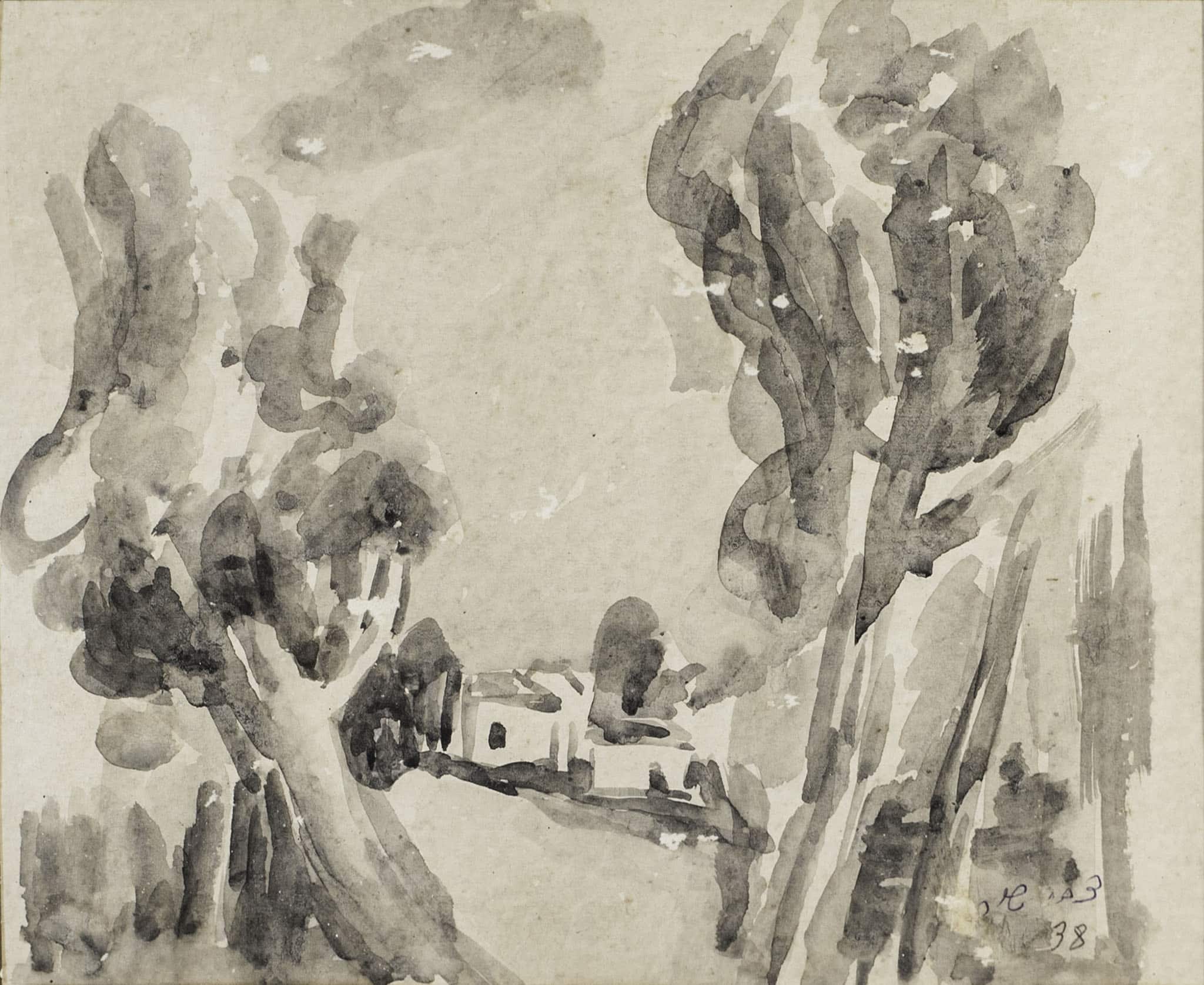צבי שור, "פתח תקווה", 1938, אקוורל על נייר, 22x18 ס"מ