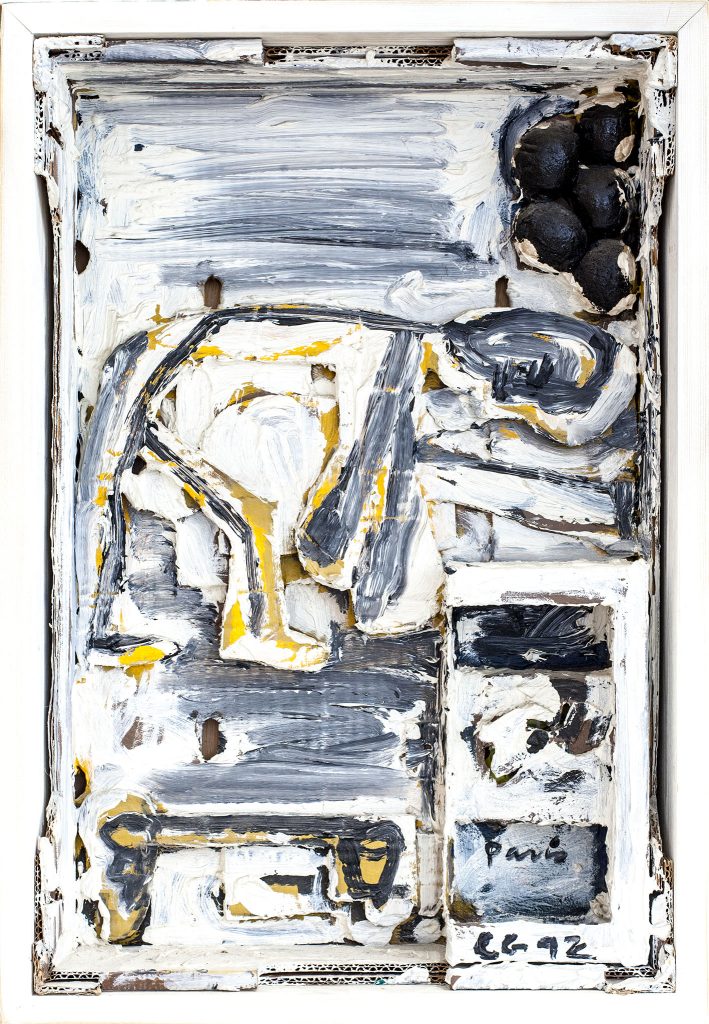פנחס כהן גן, "פריז", 1992, אסמבלאז' ושמן במגירת עץ, 63x44 ס"מ