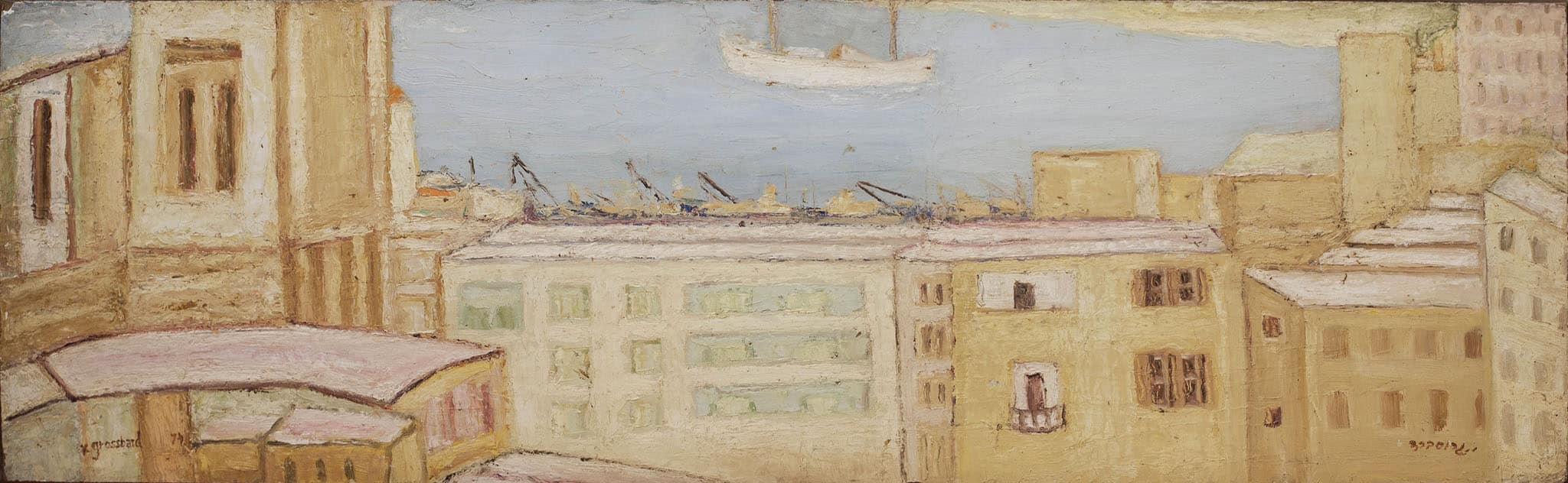 יהושע גרוסברד, "נמל חיפה", 1974, שמן על קרטון, 81x25 ס"מ