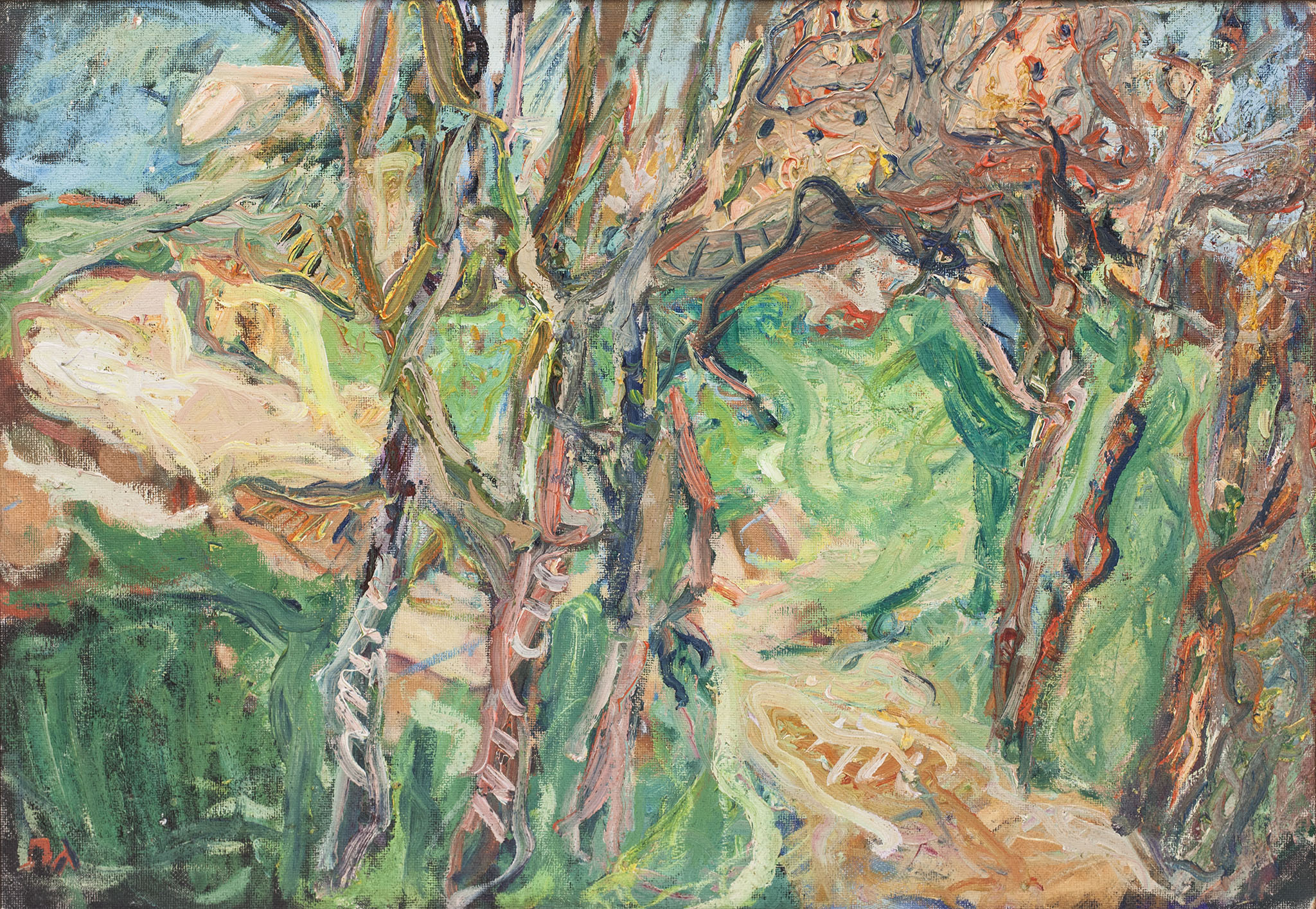 אליהו גת, "נוף עם עצים", שמן על מזוניט, 81x56 ס"מ