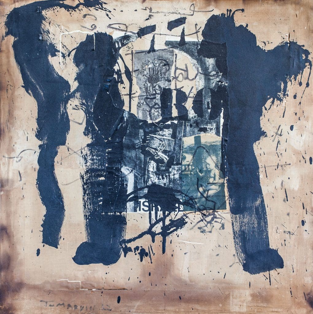 יגאל תומרקין, "ללא כותרת", 1962, קולאז' ושמן על בד, 60x60 ס"מ