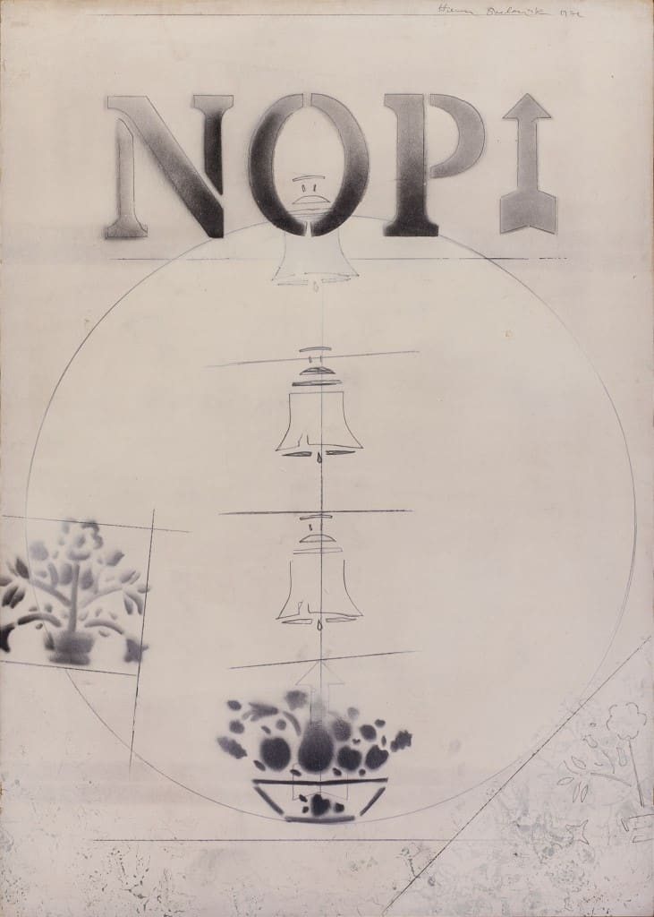 הנרי שלזניאק, "ללא כותרת", 1970, עיפרון, דיו לחותמות וצבע תעשייתי על נייר מוצמד ללוח עץ, 50x70 ס"מ