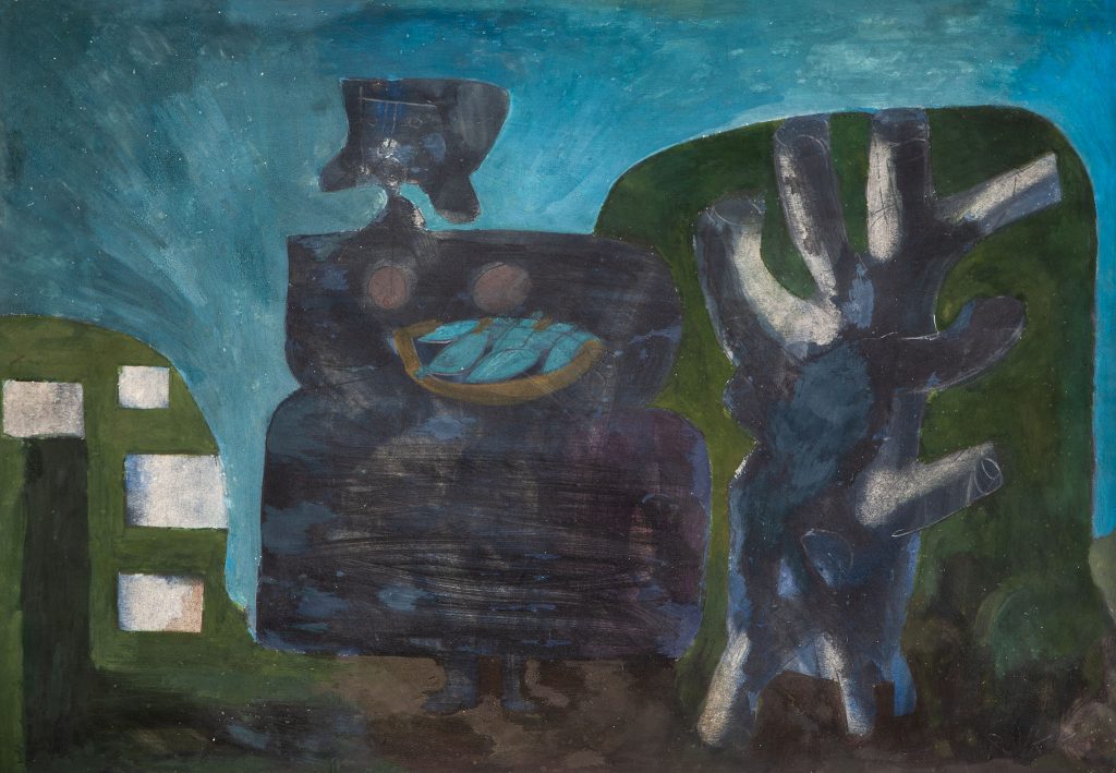 אברהם אופק, "ארוחת דגים", גואש על נייר, 49x70 ס"מ