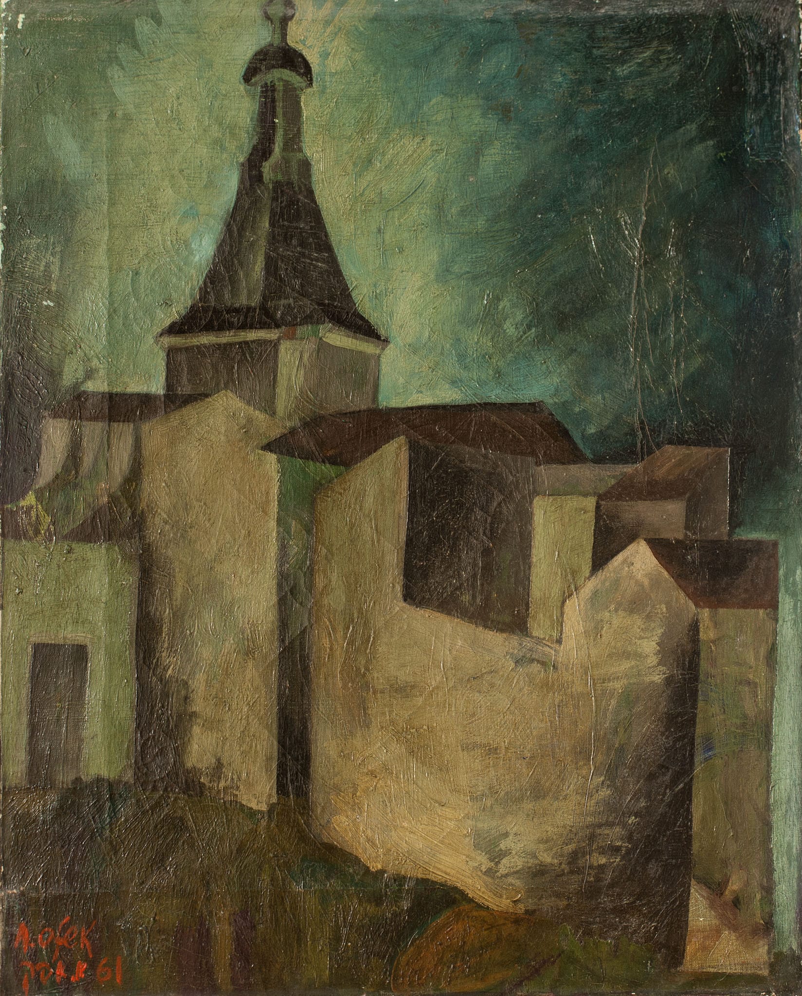 אברהם אופק, "עיר אירופאית", 1961, שמן על בד, 33x41 ס"מ