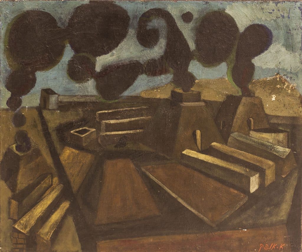 אברהם אופק, "נוף תעשייתי", 1960, שמן על בד, 55x46 ס"מ
