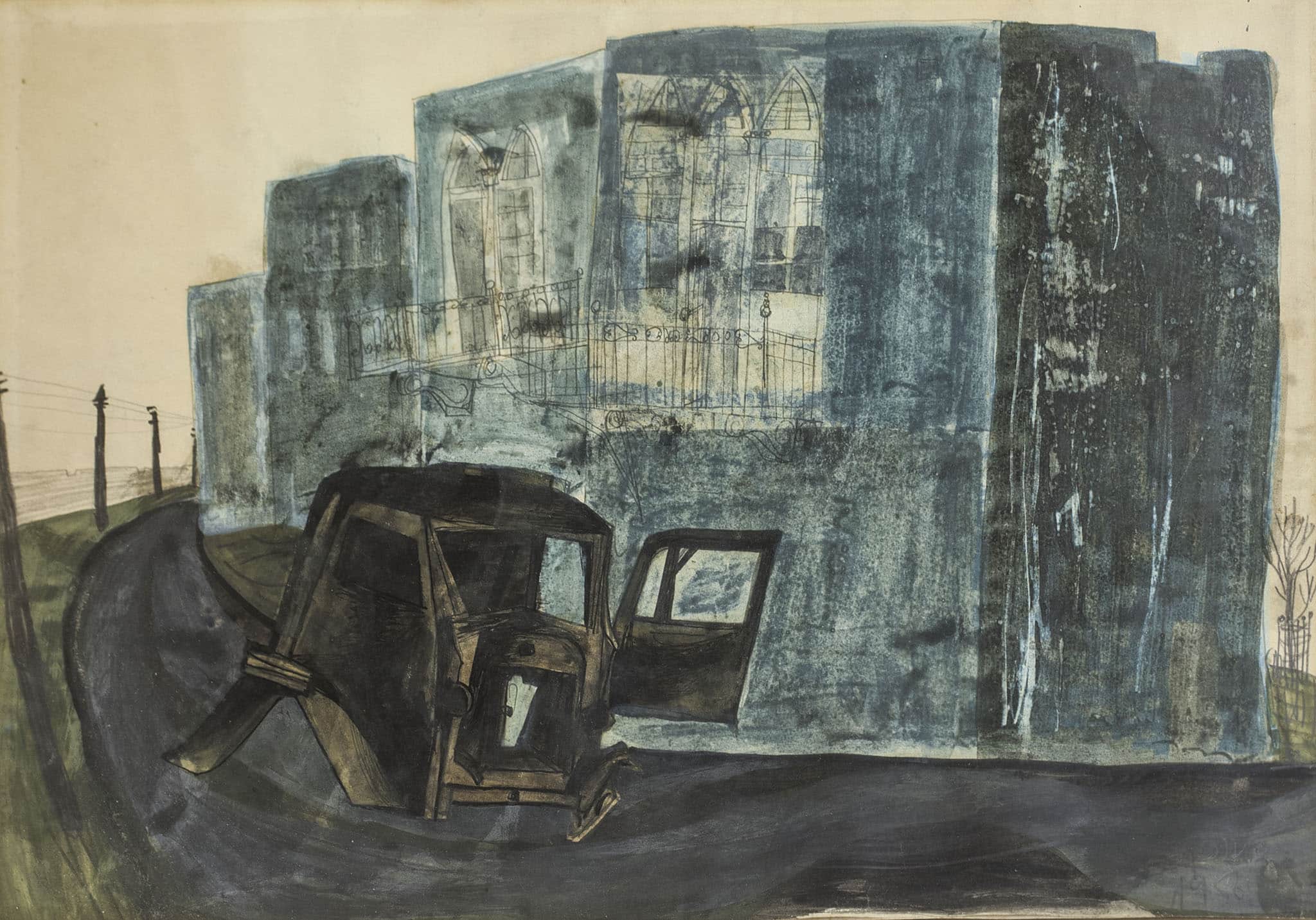 אברהם אופק, "מכונית בנוף אורבני", 1958, אקוורל ועיפרון על נייר, 50x35 ס"מ