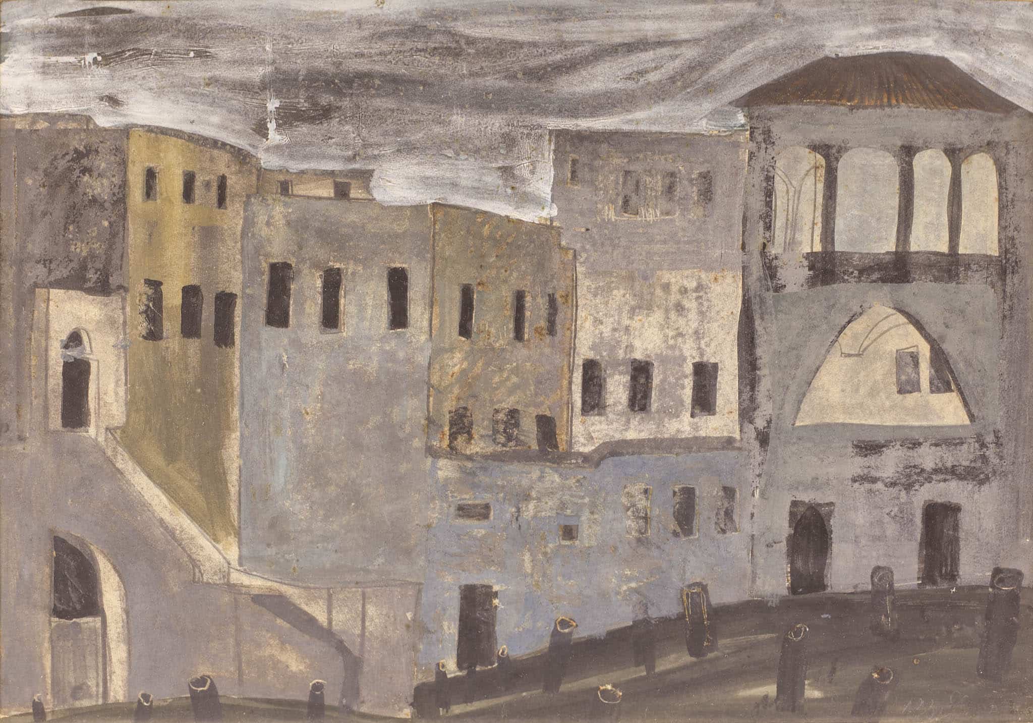אברהם אופק, "בתים", 1960, גואש ועיפרון על נייר, 35x50 ס"מ