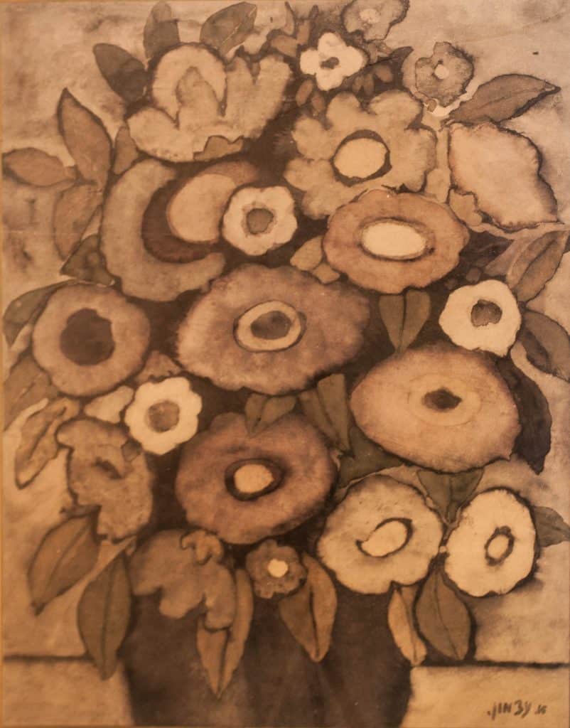 אברהם עצמון, "פרחים באגרטל", אקוורל על נייר, 47x60 ס"מ