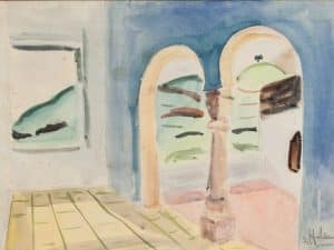 שמשון הולצמן, "המרפסת בטבריה", 1942, אקוורל על נייר, 50x33 ס"מ