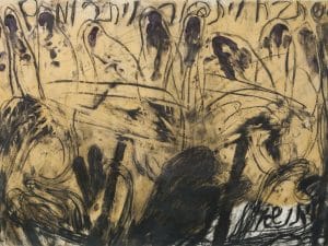 משה גרשוני, "קדיש", 1983, צבע זכוכית, שמן ועיפרון על נייר, 100x70 ס"מ