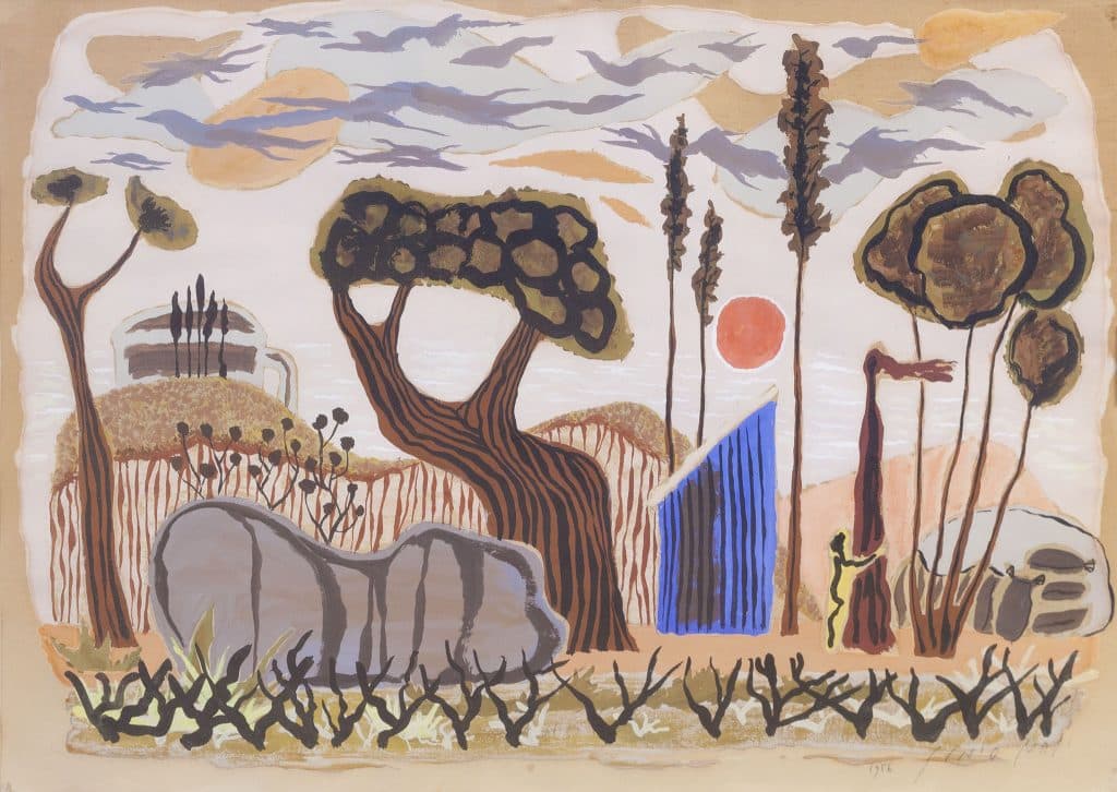 יוחנן סימון, "קיבוץ פנטסטי", 1956, גואש על נייר, 48x34 ס"מ