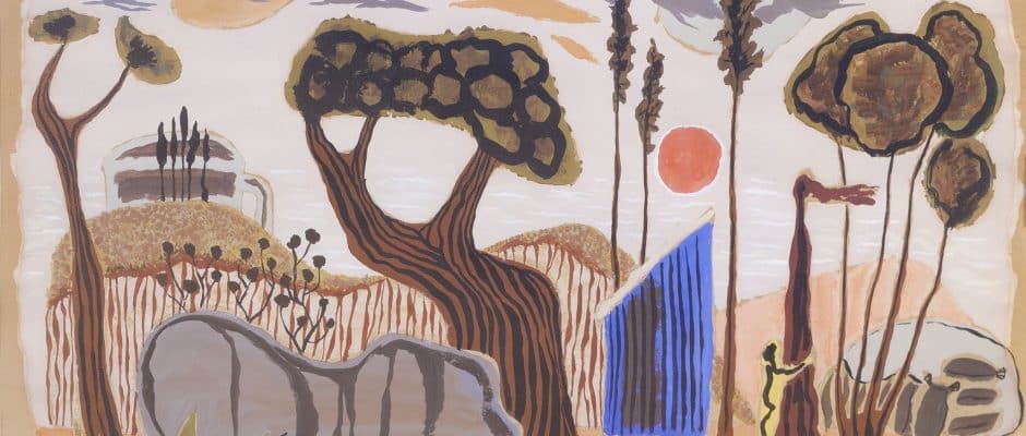 יוחנן סימון, "קיבוץ פנטסטי", 1956, גואש על נייר, 48x34 ס"מ