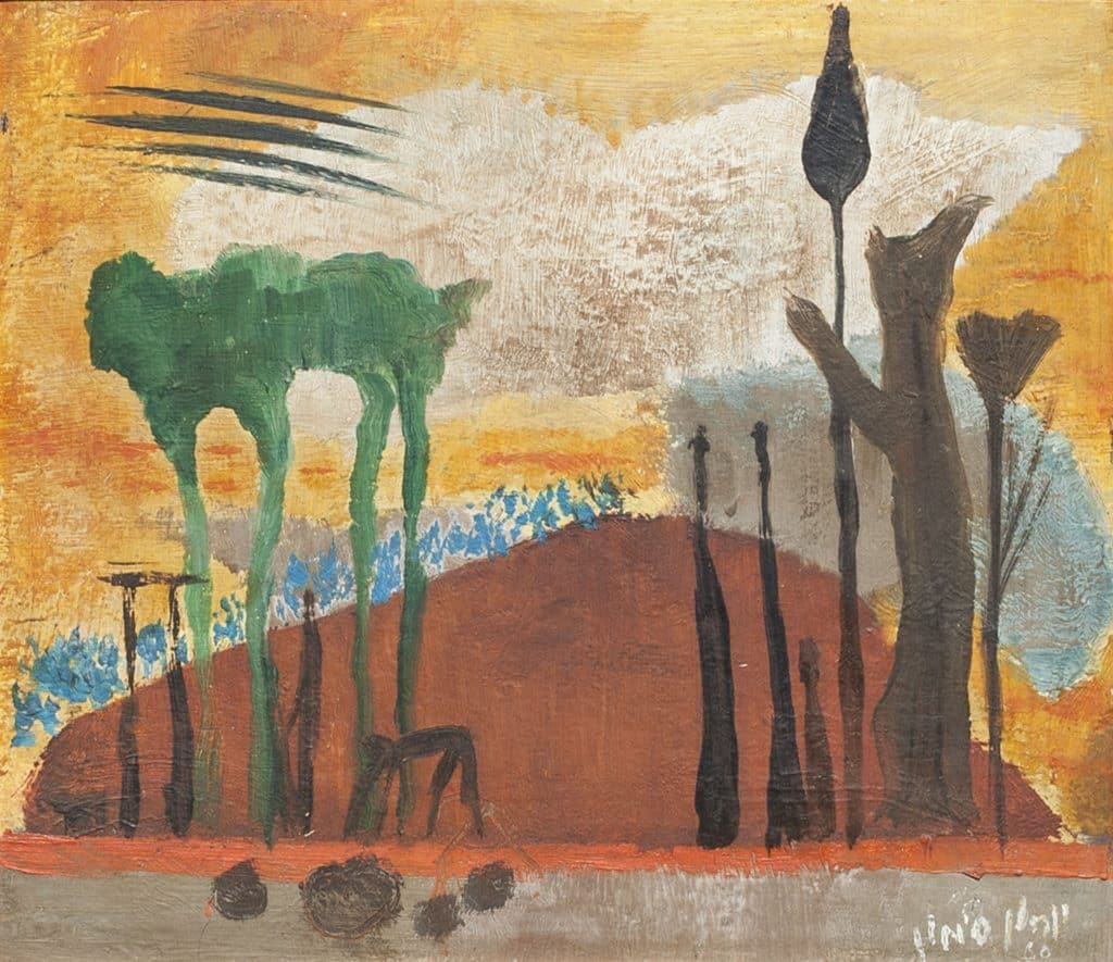 יוחנן סימון, "קיבוץ פנטסטי", 1960, גואש על קרטון, 22x19 ס"מ