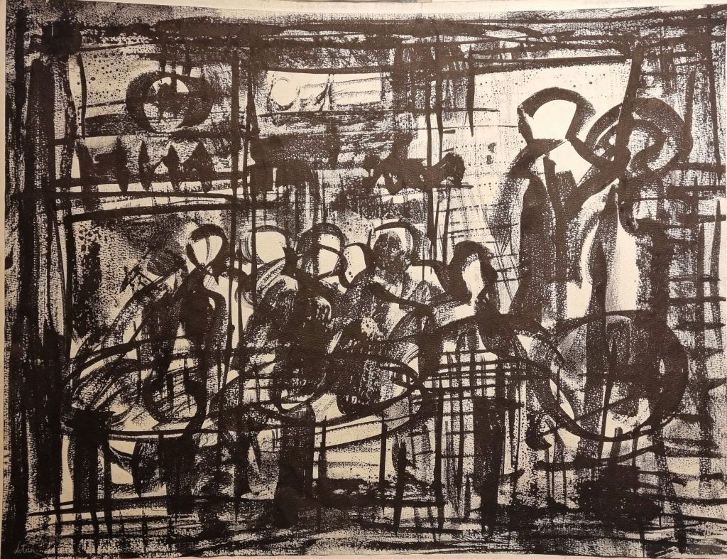 יונה לוטן, "דמויות בבית קפה", פחם על נייר